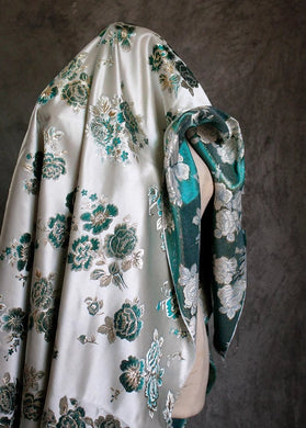 Off white jacquard, green gold flower jacquard fabric, wedding dress fabric