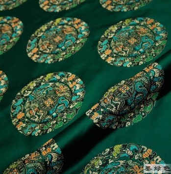 Dark green/red color jacquard fabric, brocade fabric, dragon style brocade fabric, by the yard