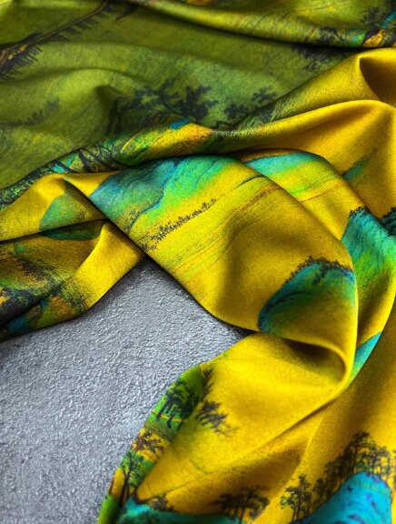 Spring fabric silk fabric, yellow green color stretch silk fabric, landscape pattern, silk stretch satin,, fabric by the yard