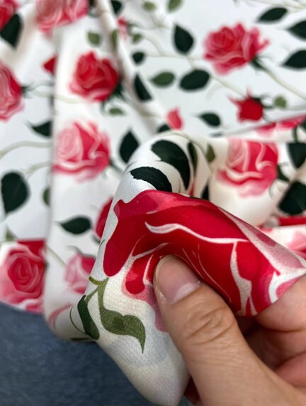 Spring fabric wide silk fabric, off-white color stretch silk fabric, red rose pattern silk stretch satin,, fabric by the yard
