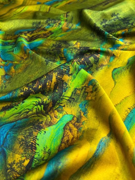 Spring fabric silk fabric, yellow green color stretch silk fabric, landscape pattern, silk stretch satin,, fabric by the yard