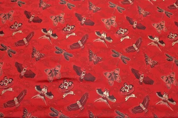 Red color brocade fabric with kite pattern, jacquard fabric, butterfly and bird style brocade fabric, cosplay dress fabric, by the yard