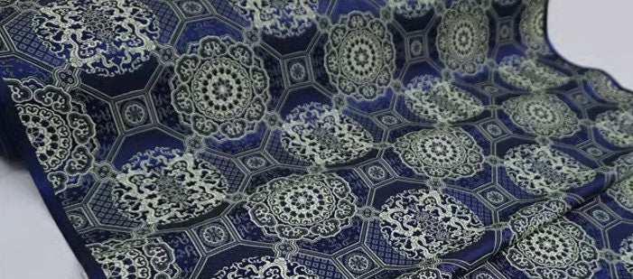 High quality brocade fabric, jacquard fabric, Tang-suit dress fabric, navy blue  color brocade fabric, Chinese pattern fabric