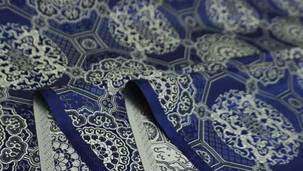 High quality brocade fabric, jacquard fabric, Tang-suit dress fabric, navy blue  color brocade fabric, Chinese pattern fabric