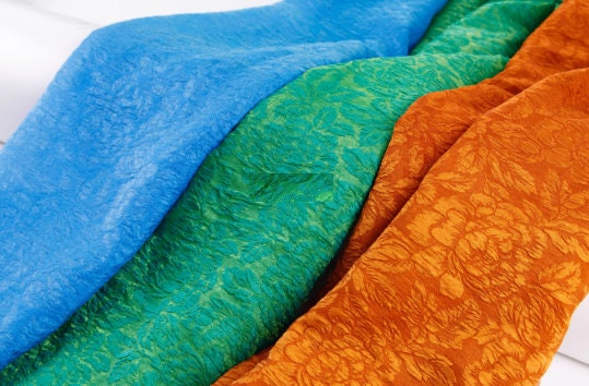 Glossy, slightly translucent, green, blue, orange, mulberry silk jacquard fabric, qipao, Summer dress fabric, DIY