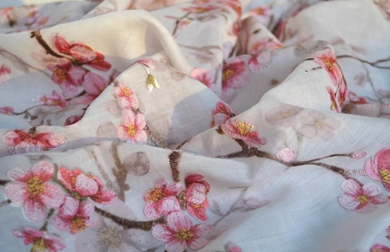 High quality ramie fabric, embroidered plum blossom fabric, cotton and linen fabric, summer thin style