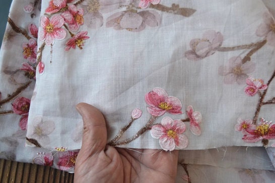 High quality ramie fabric, embroidered plum blossom fabric, cotton and linen fabric, summer thin style