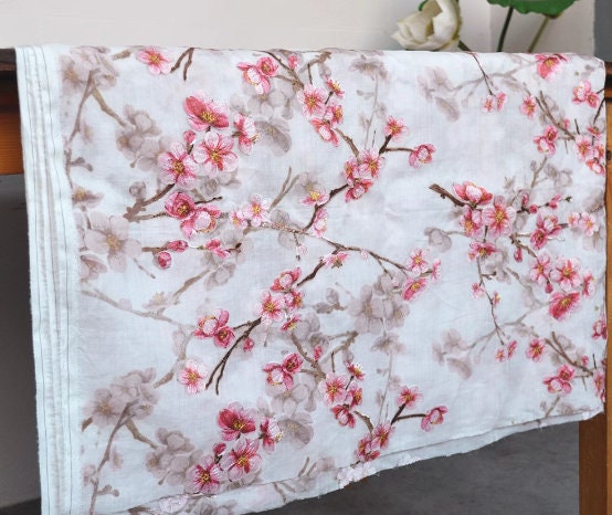 High quality ramie fabric, embroidered plum blossom fabric, cotton and linen fabric, summer thin style