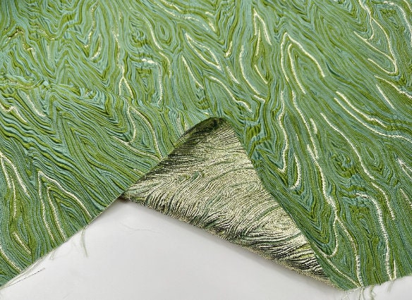 ON SALE, Green gold color jacquard fabric with wave style, fashion jacquard fabric, fabric by the yard