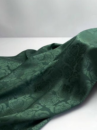 ON SALE, Glossy Dropping Ink Green Dark Pattern Rose Jacquard Elastic Simulation Silk Satin Fabric Spring/Summer Hanfu Qipao Fabric,
