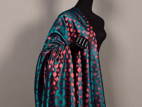 Peacock green red color fabric, brocade fabric, jacquard fabric,  cosplay dress fabric, by the yard