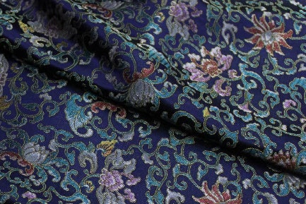 Chinese style Song brocade fabric with lotus pattern, navy blue jacquard fabric, fabric by the yard-55inches/140cm