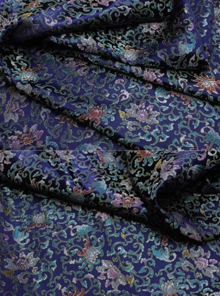 Chinese style Song brocade fabric with lotus pattern, navy blue jacquard fabric, fabric by the yard-55inches/140cm