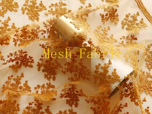 High quality Ginger yellow color mesh fabric with floral style, mesh fabric, mesh lace fabric, curtains mesh fabric