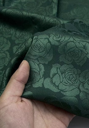 ON SALE, Glossy Dropping Ink Green Dark Pattern Rose Jacquard Elastic Simulation Silk Satin Fabric Spring/Summer Hanfu Qipao Fabric,