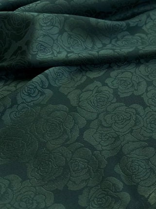 ON SALE, Glossy Dropping Ink Green Dark Pattern Rose Jacquard Elastic Simulation Silk Satin Fabric Spring/Summer Hanfu Qipao Fabric,