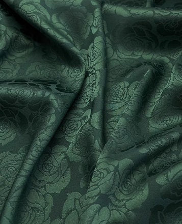 ON SALE, Glossy Dropping Ink Green Dark Pattern Rose Jacquard Elastic Simulation Silk Satin Fabric Spring/Summer Hanfu Qipao Fabric,