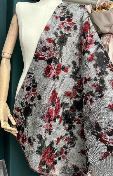 High quality rose pattern jacquard fabric, retro grey red black color jacquard fabric, fabric by the yard