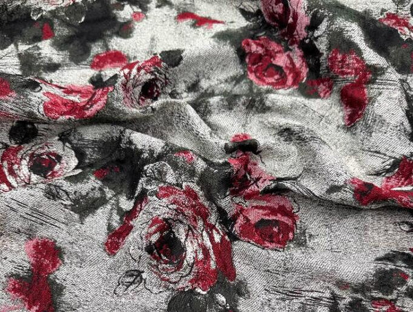 High quality rose pattern jacquard fabric, retro grey red black color jacquard fabric, fabric by the yard
