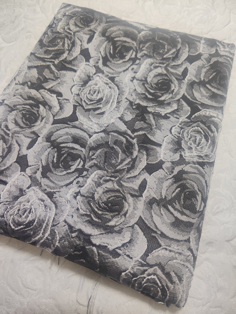 High quality black grey color jacquard fabric, cosplay dress fabric, 3D rose pattern jacquard fabric, fabric by the yard