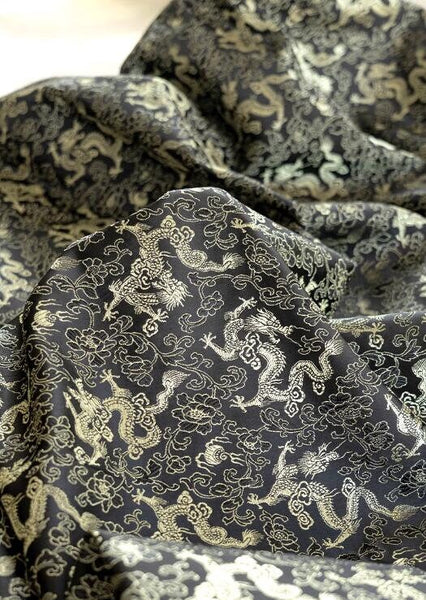 Wide fabric, black color jacquard fabric with champagne gold dragon pattern,  cosplay dress fabric, fabric by the yard