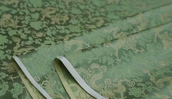 Green color brocade fabric with gold dragon pattern, jacquard fabric, fabric by the yard