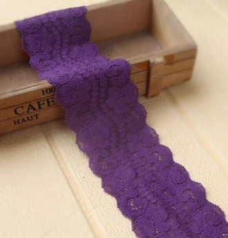 Embroidered lace trim, hollow striped lace trim, deep purple elastic lace trim- 7cm (2.75")-for 2 yards long