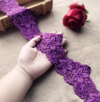 Embroidered lace trim,  deep purple elastic lace trim- 8cm (3.14")-for 2 yards long
