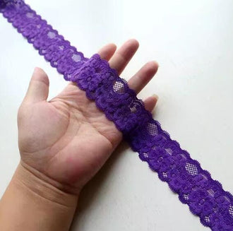 Embroidered lace trim, hollow striped lace trim, deep purple elastic lace trim- 3.5cm (1.37")-for 2 yards long