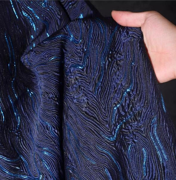 30%Off-Navy blue gold glossy jacquard texture fabric, jacket dress fabric,  wave pattern jacquard, retro Chinese style wedding dress fabric