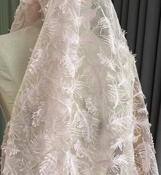 Light pink mesh fabric, embroidered feather mesh fabric, wedding mesh fabric, fabric by the yard