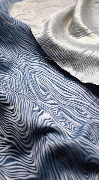 Jacquard Fabric, Blue Gold Jacquard Fabric, Wave Texture Fabric, Designer Fabric,  Wedding Jacket Dress Fabric, by the yard