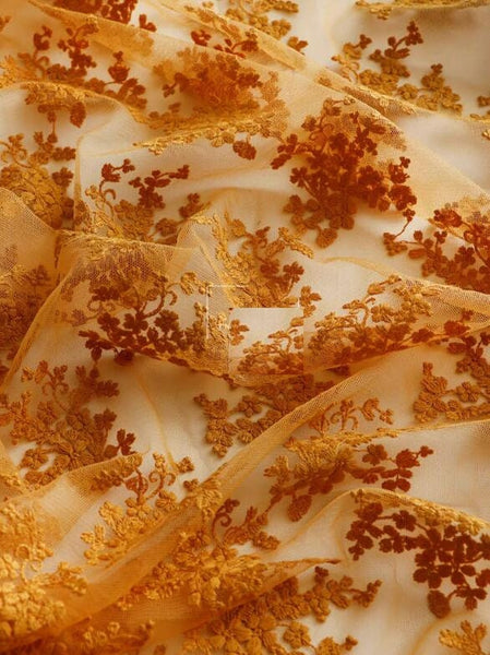 High quality Ginger yellow color mesh fabric with floral style, mesh fabric, mesh lace fabric, curtains mesh fabric