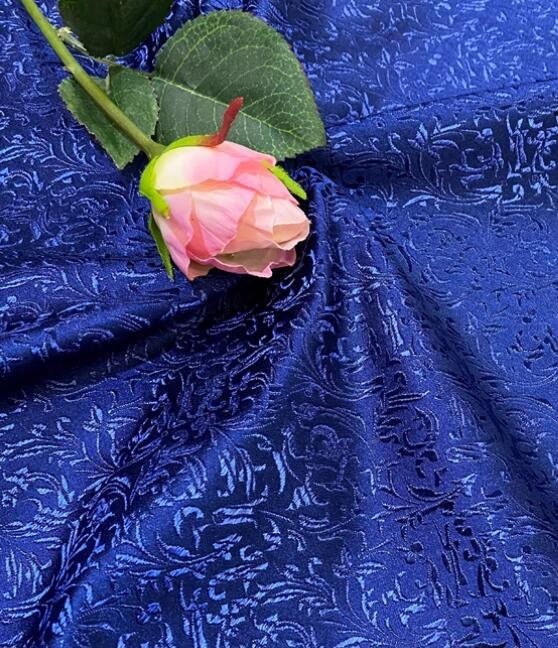 Navy Blue Color Brocade Satin Fabric, Jacquard Fabric, Cosplay Dress Fabric,