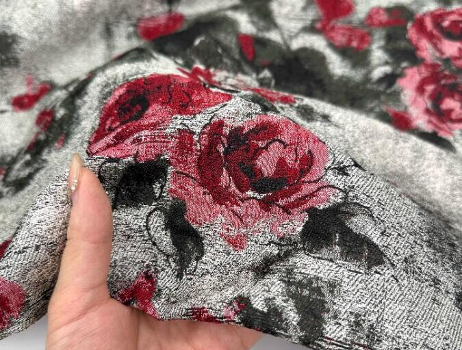 High quality rose pattern jacquard fabric, retro grey red black color jacquard fabric, fabric by the yard