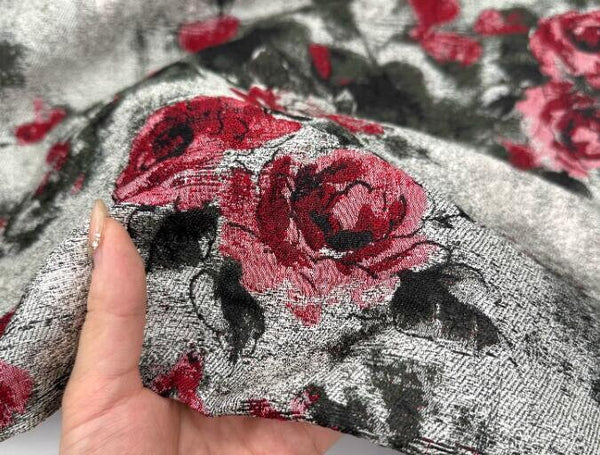 High quality rose pattern jacquard fabric, retro grey red black color jacquard fabric, fabric by the yard