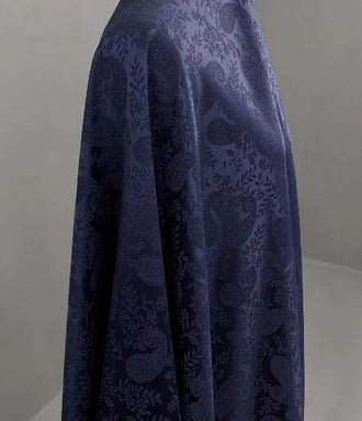 Navy Blue Color Jacquard Fabric, Acetate Satin Fabric, Cashew Style Gloss Fabric, Wedding Dress Fabric, Fabric by the yard