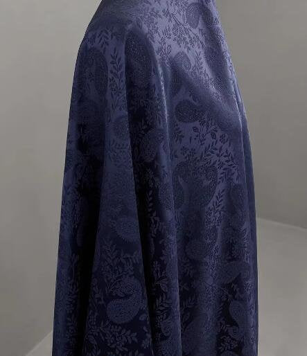 Navy Blue Color Jacquard Fabric, Acetate Satin Fabric, Cashew Style Gloss Fabric, Wedding Dress Fabric, Fabric by the yard