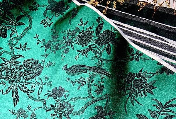 Hunter Green color brocade fabric with black bird flower pattern, wedding jacquard fabric, by the yard