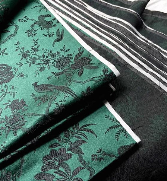 Hunter Green color brocade fabric with black bird flower pattern, wedding jacquard fabric, by the yard