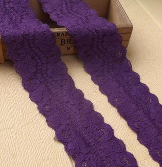Embroidered lace trim, hollow striped lace trim, deep purple elastic lace trim- 7cm (2.75")-for 2 yards long