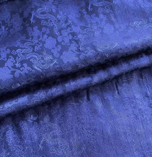Navy blue color silk jacquard fabric with dragon pattern,  Cosplay dress fabric