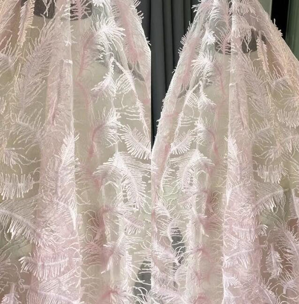 Light pink mesh fabric, embroidered feather mesh fabric, wedding mesh fabric, fabric by the yard