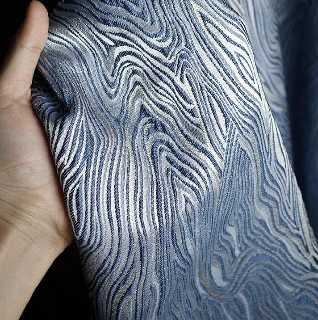Jacquard Fabric, Blue Gold Jacquard Fabric, Wave Texture Fabric, Designer Fabric,  Wedding Jacket Dress Fabric, by the yard