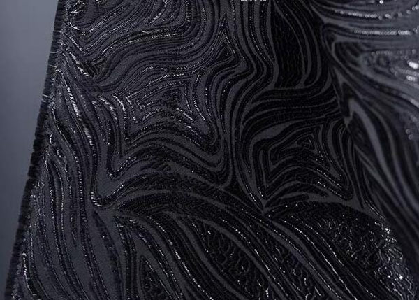 Black Water Ripple Jacquard Fabric, Shiny Black Color Jacquard Fabric, Wedding Fabric, fabric by the yard
