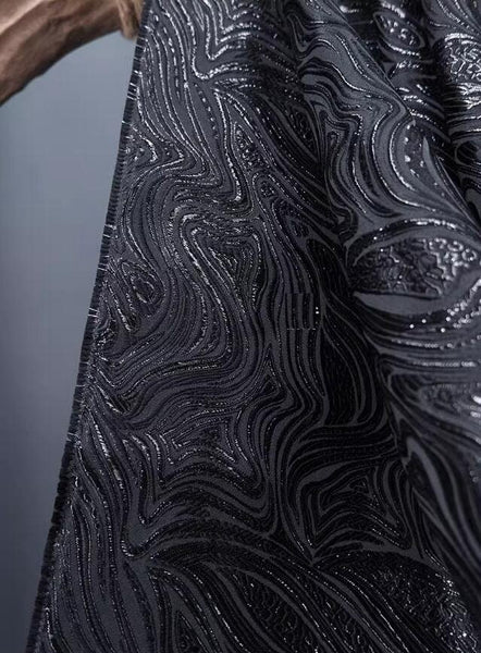 Black Water Ripple Jacquard Fabric, Shiny Black Color Jacquard Fabric, Wedding Fabric, fabric by the yard