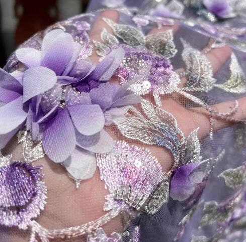 High quality embroidered flower mesh fabric, sequins flower mesh fabric, light purple wedding dress fabric, fabric by the yard