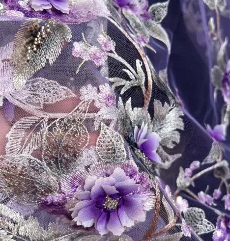 High quality embroidered flower mesh fabric, sequins flower mesh fabric, light purple wedding dress fabric, fabric by the yard