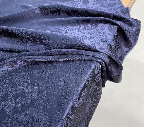 Navy Blue Color Jacquard Fabric, Acetate Satin Fabric, Cashew Style Gloss Fabric, Wedding Dress Fabric, Fabric by the yard