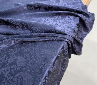 Navy Blue Color Jacquard Fabric, Acetate Satin Fabric, Cashew Style Gloss Fabric, Wedding Dress Fabric, Fabric by the yard